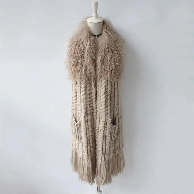 Натуральный кроличий мех, тканый мех, модный шерстяной воротник, Женское пальто, жилет, Осень-зима, вязаный жилет, куртка, тонкая верхняя одежда, L1536 - Цвет: beige