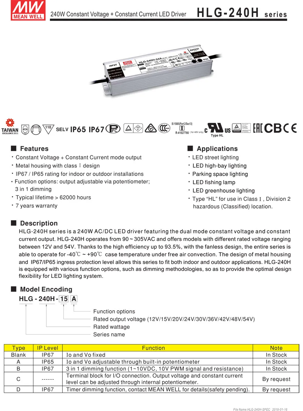 Подлинная Meanwell HLG-240H-24A 24V Регулируемый источник питания 240W 10A IP65 Водонепроницаемый Светодиодный драйвер HLG-240H