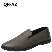 QFFAZ Mens Casual Shoes Genuine Leather Spring Men Flat Walking Loafers Man Black men leather loafers Slip on man wedding shoes