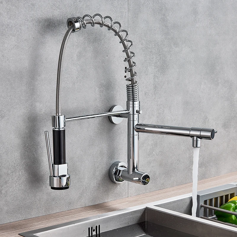quyanre wanfan wall mounted chrome spring kitchen faucet dual spout single handle mixer tap kitchen sink faucet2