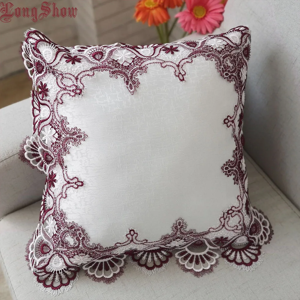 

Home Decorative Creative Red-White Embroidered Lace Pillow Case 45x45cm Thick Polyester Pillow Cover