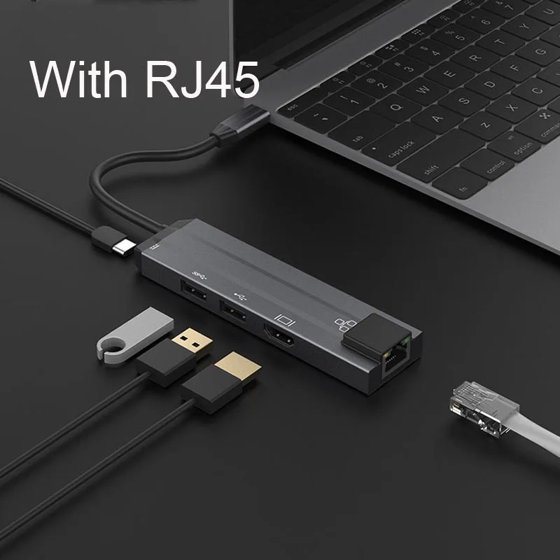 AIXXCO usb type C к HDMI концентратор RJ45 Thunderbolt 3 адаптер для MacBook samsung Dex Galaxy S10/S9 USB-C конвертер Thunderbolt HDMI - Цвет: With RJ45