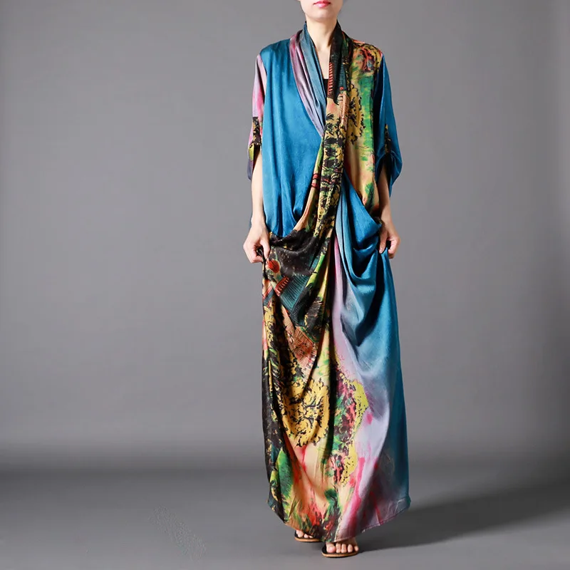

LANMREM New Pattern V-collar Half Sleeve Print Hit Colors Asymmetrical Patchwork Summer Dress 2019 Women Fashion Tide AE919