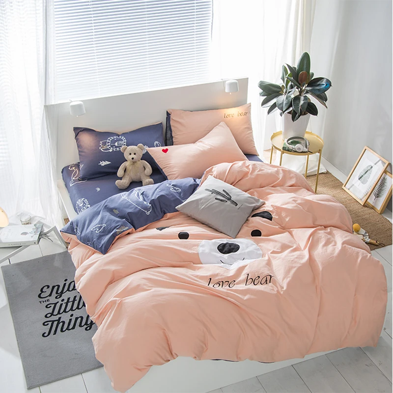 

Cute bear embroidery and print bedlinens Washed Cotton Twin Queen King size bedding Sets Pillowcases duvet cover set