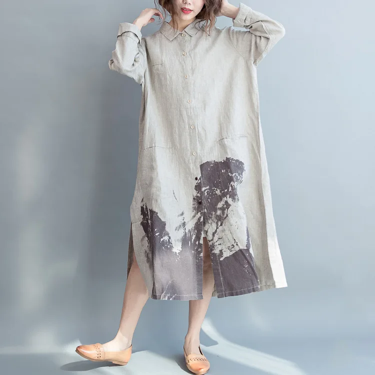 LZJN Vintage Painting Style Summer Long Dress Long Sleeve Shirt Woman Lady Loose Big Size Casual Fashion Button Down Shirt Dress (19)