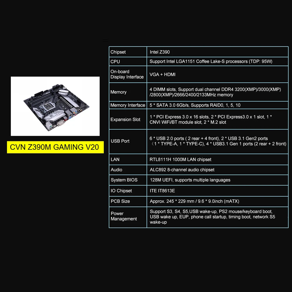 Цветная CVN Z390M игровая V20 игровая Материнская плата Intel LGA 1151 DVI HDMI mATX материнская плата PCI-E 3,0 M.2 для pc gamer