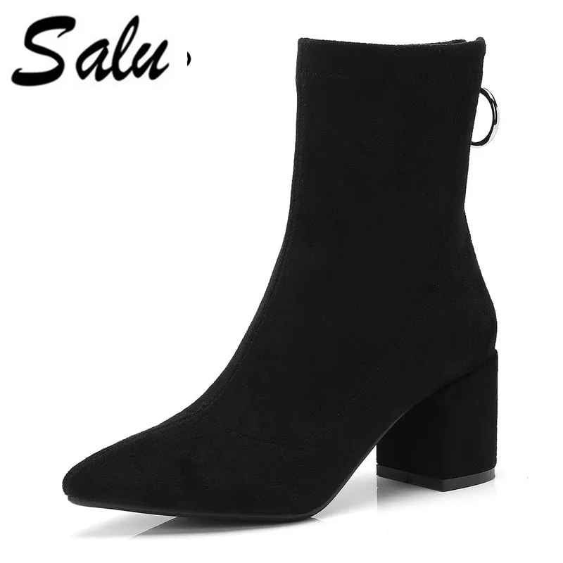 

Salu Cow Leather Women Ankle Boots Fashion Square High Heel pointed Toe Design Women Motorcycle Boots Size 34-39