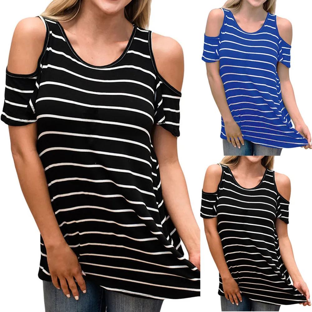 Women blouse Summer Cold Off Shoulder Short Sleeve Striped Casual ...