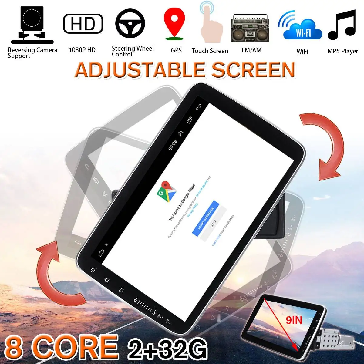 

9Inch Car Multimedia Player 8 Core 1Din Stereo 2+32G for Android 8.0 with 360 Degree Rotatable Screen GPS WiFi Radio Player