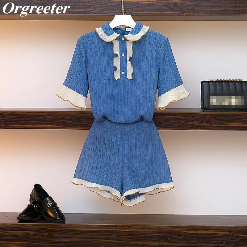 

Plus size Casual Two piece set Tracksuit Women Summer Fashion Ruffles Peter pan collar Blouse tops and Wide leg Shorts Suits