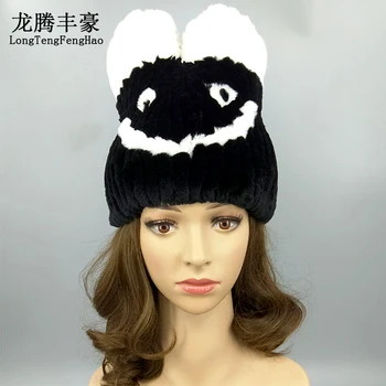 

2018 New Women Real Rabbit Fur Hat Beanies Casual Knitted Hat With Cute Rabbit Ear Female Winter 100% Natural Genuine fur Cap