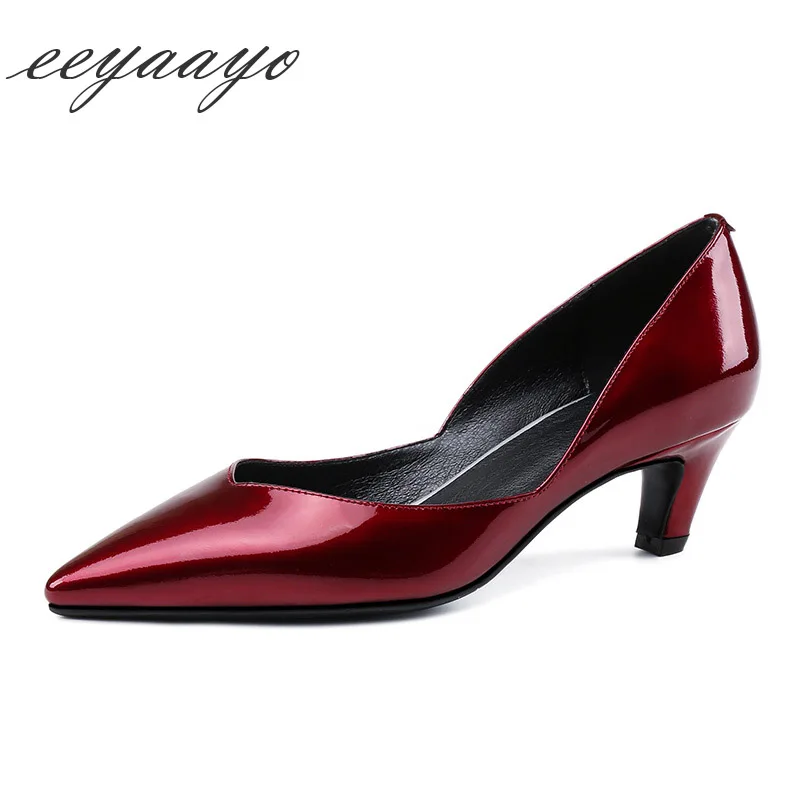 

2019 New Genuine Leather Spring Women Pumps Middle Heel Pointed Toe Shallow Sexy Ladies Women Cow Leather Shoes Wine red Pumps