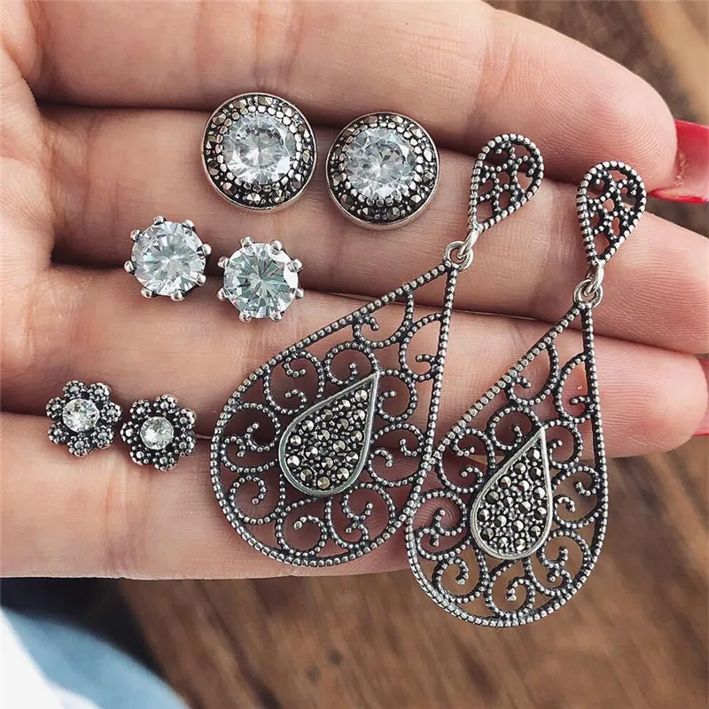 

Modyle 4 Pair/set Bohemian Water Drop Flower Round Crystal Gem Hollow Pattern Silver Earrings Women Charm Party Jewelry