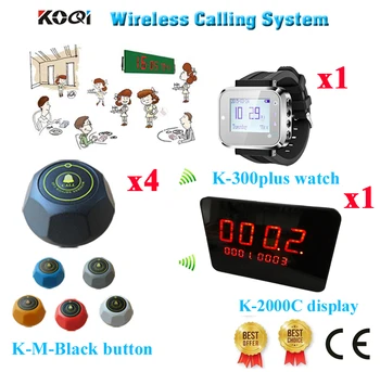 

Wireless Call Pager System Voice Reporting Receiver Host Call Bell Transmitter Button Set( 1 display+ 1 watch+ 4 call button)