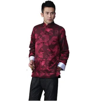 

High Quality Burgundy Chinese Traditional Men's Brocade Satin Double Collar Jackets With Dragon Coats ML XL XXL XXXL