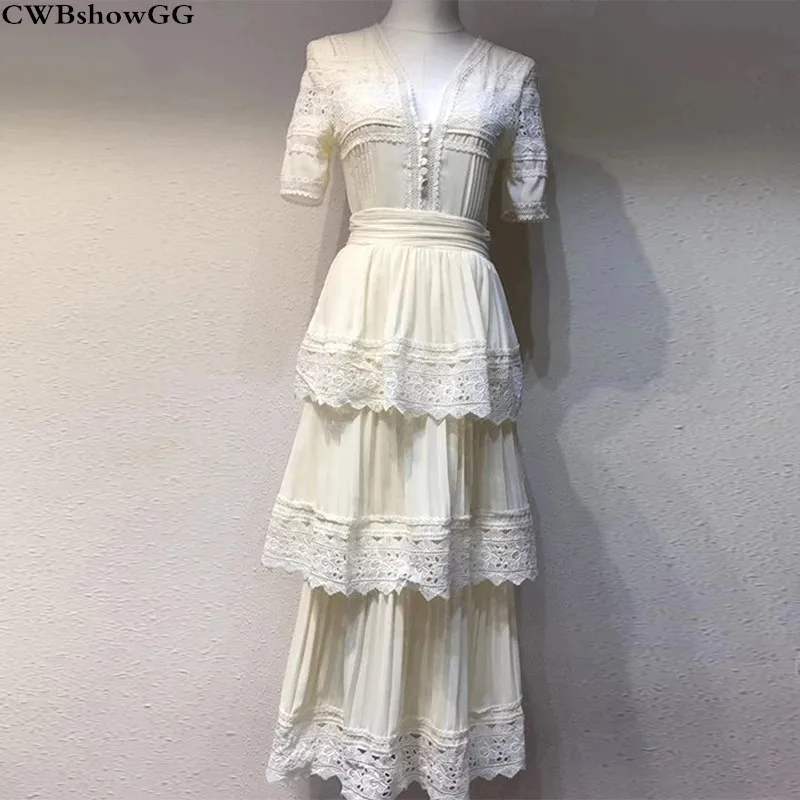 

CWBshowGG Summer New Holiday Beach Dress V-Neck Ruffles Lace Patchwork Short Sleeve Cake Pleated Long Women Party Vestidos Dress