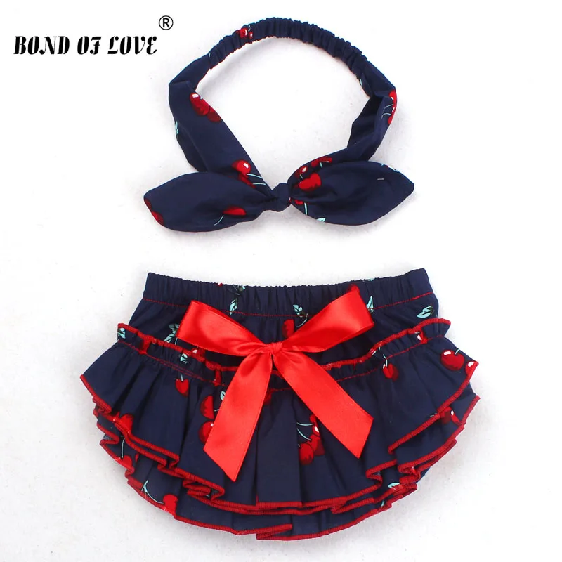 

New Designs Baby Clothing Girl Fashion Shorts With Cotton Headband Baby Girls Ruffle Bloomers Set Cherry Design Ruffled Panties