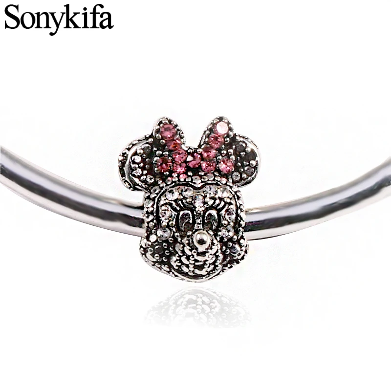 

Sonykifa 2Pcs/lot Vintage Mickey Minnie Bead Charms Big Hole Beads European Pendant Fits Pandora Charm Bracelet DIY Jewelry