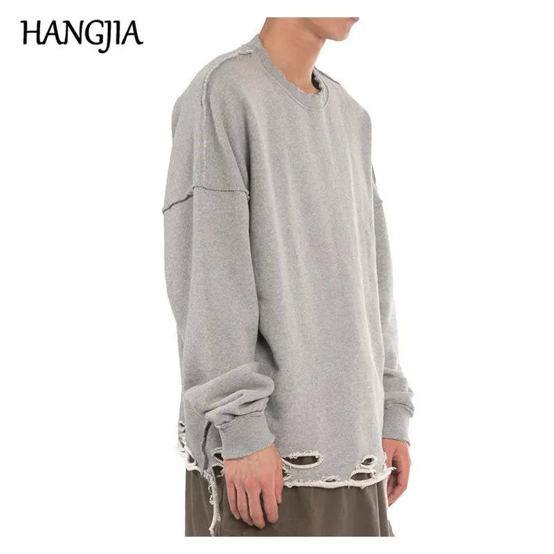 

Oversize Terry Pullover Sweatshirts Mens Wash Hole Ripped Hoodie for Man Woman 2019 Solid Color Round Neck Hoodies High Street