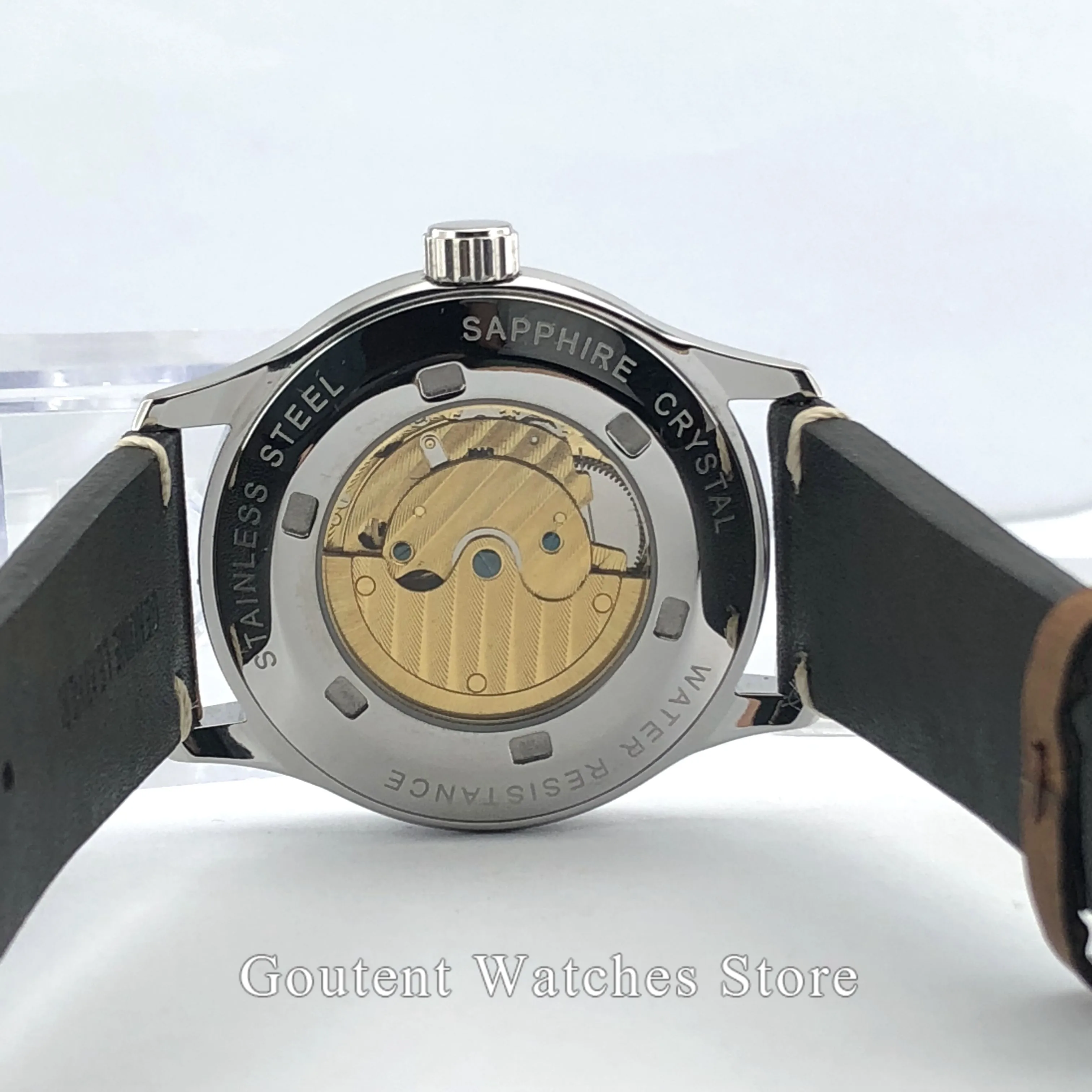 42 мм Corgeut черный стерильный циферблат сапфировое стекло кожаный ремешок автоматические мужские часы Y