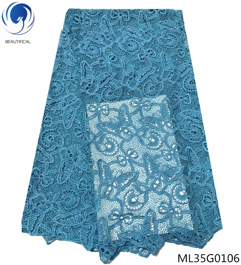 

BEAUTIFICAL blue guipure lace fabrics african cord lace fabrics milk silk lace 2019 rhinetsones laces dress 5yards/lot ML35G01