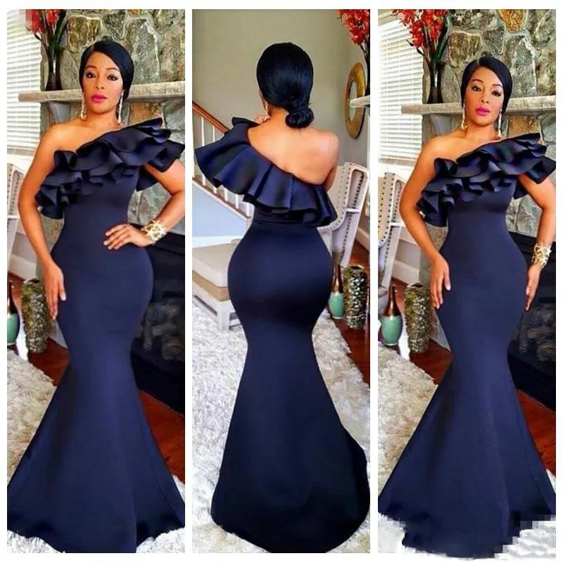 

2019 Navy Blue One Shoulder Long Prom Dresses Ruffles Mermaid Evening Party Gowns For Slim African Women Formal Dress Plus Size