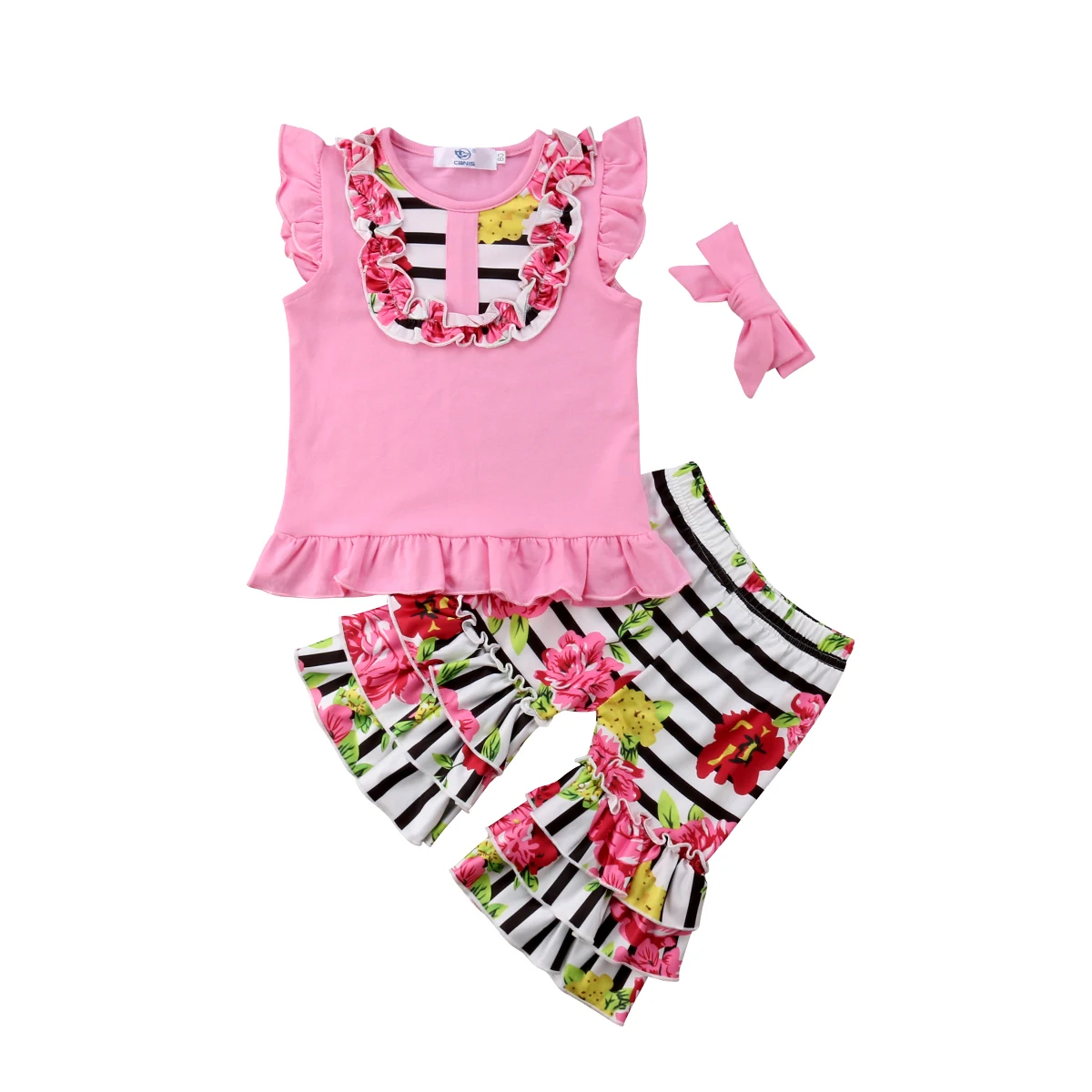 

3PCS Floral Set Kids Baby Girl Sleeveless Tops Pants Stripes Leggings Clothes