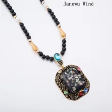 Janewu Wind retro style leaf flower crystal Big Square Pendant Necklace women Black Beads long chain Mascot Necklace (with box)