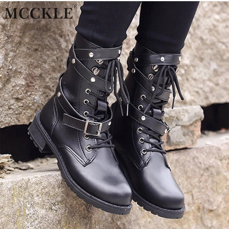 

MCCKLE Plus Size Autumn Motorcycle Boots For Women Lace Up Platform Mid Calf Botas Buckle Strap Fashion Rivet Low Heel Shoes