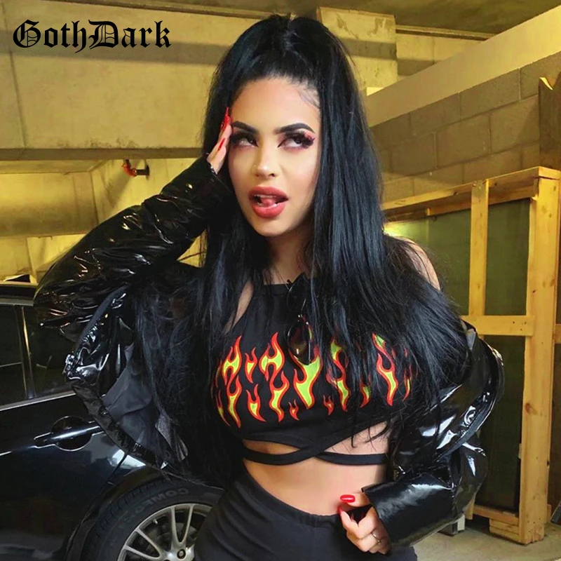 

Goth Dark Flame Print Punk Gothic Crop Top Harajuku Sexy Hollow Out Halter Tops Drawstring Backless Camisole 2019 Fashion Grunge