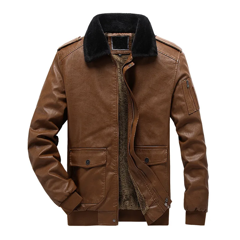 Autumn and winter men's leather jacket warm casual solid color jacket
