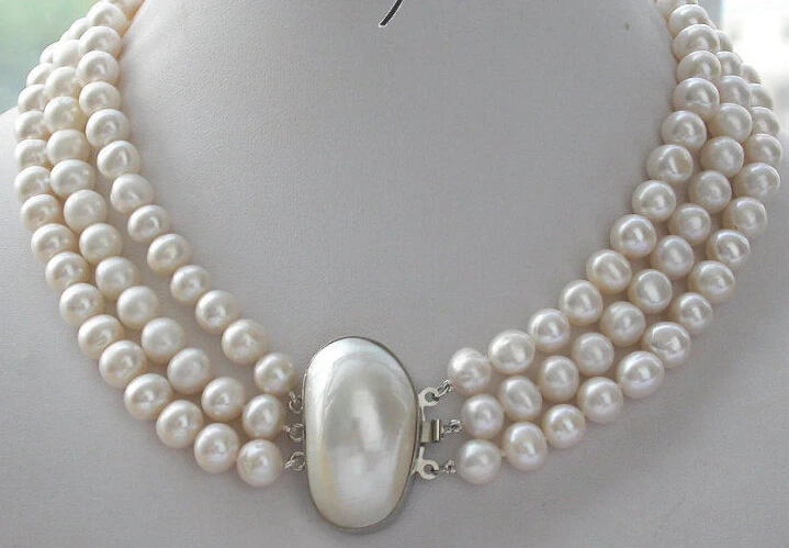 

Free Shipping ***Hot sale >>3row 8-9mm round white freshwater pearl necklace mabe
