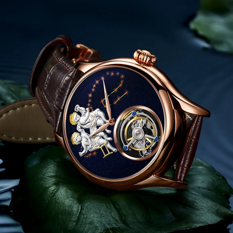 Настоящие Tourbillon, мужские часы, сапфировые близнецы, водонепроницаемые часы со знаком зодиака, мужские механические наручные часы с Tourbillon, 7014G