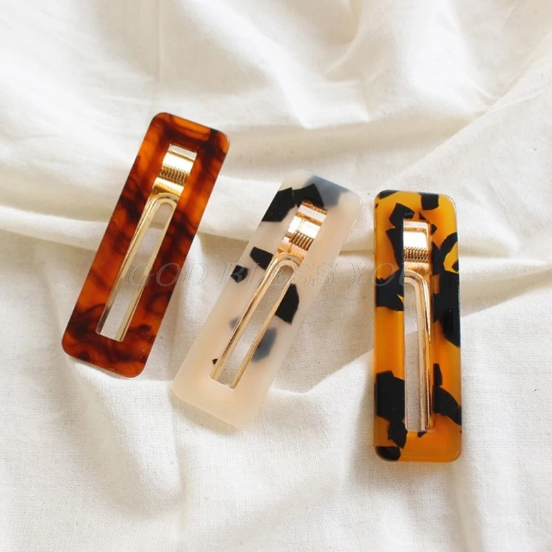 Women Girls Korean Vintage Tortie Side Hair Clips Geometric Rectangle Water Drop Shape Hairgrips Retro Leopard Printed Barrettes