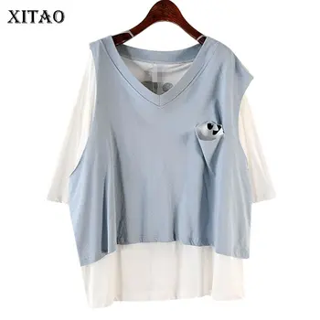 

[XITAO] False Two Pieces Women 2019 Summer New Fashion V-neck Short Sleeve Loose Tee Female Patchwork Hole T-shirt WBB3742