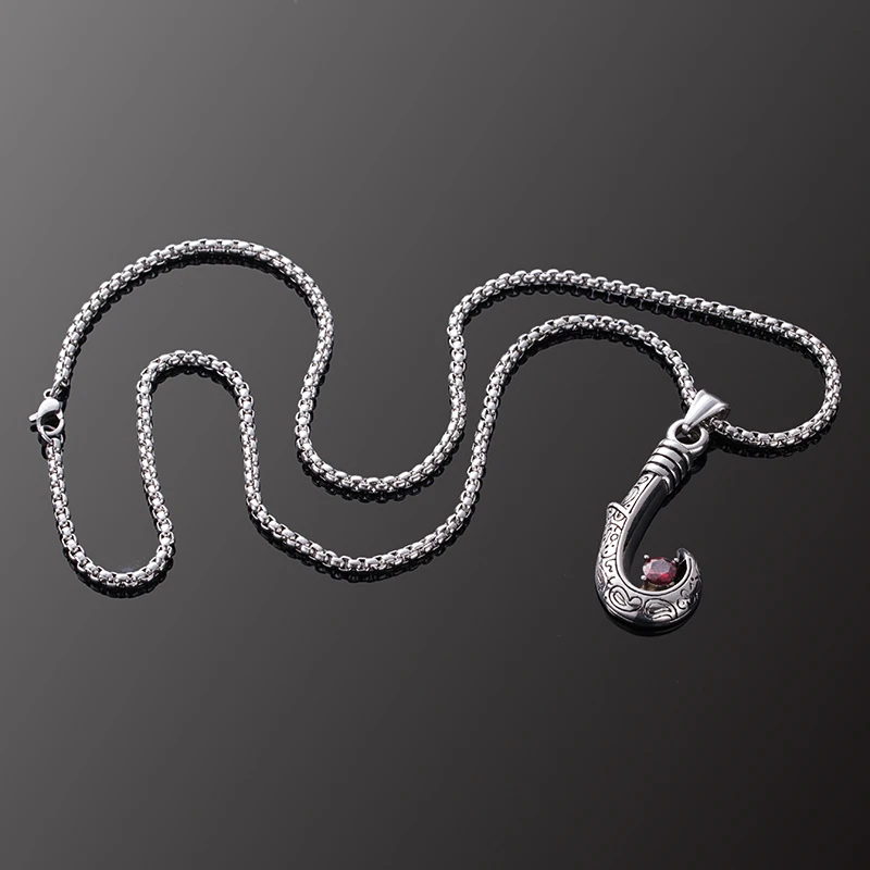 

Men's Fashion Stainless Steel Link Chain Red Rhinestone Hook Pendant Necklace 2018 New Trendy Jewelry Accessories Choker for Men