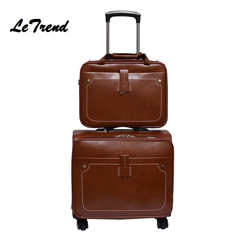 Letrend Men Business PU Leather Rolling Luggage Set Spinner Retro