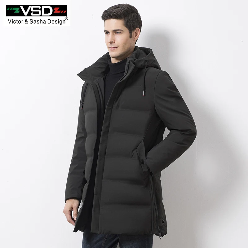 VSD Новые Теплые Зимние утка вниз куртка Slim для Для мужчин с капюшоном Куртка