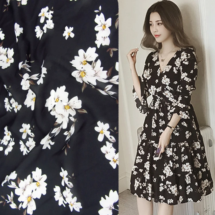Magnolia flower printed fabric meter 145 cm non-perspective chiffon material soft scarf dress black child fabrics | Дом и сад
