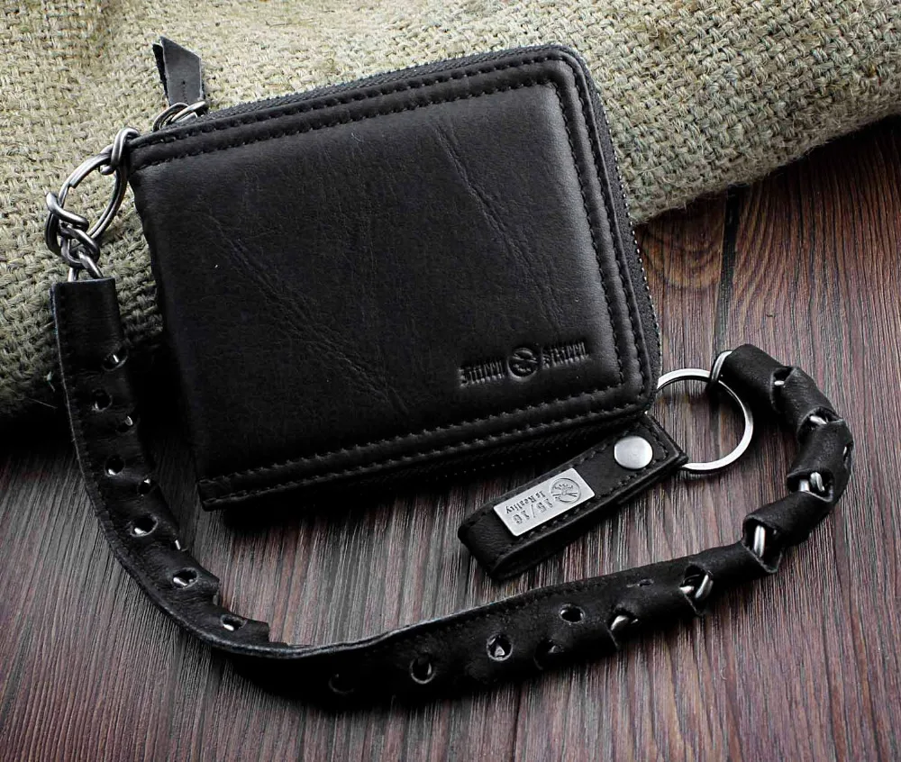 Black Leather Wallet For Man W/ Belt Chain Motorcyle Gothic Rock EMOin Wallets from Luggage