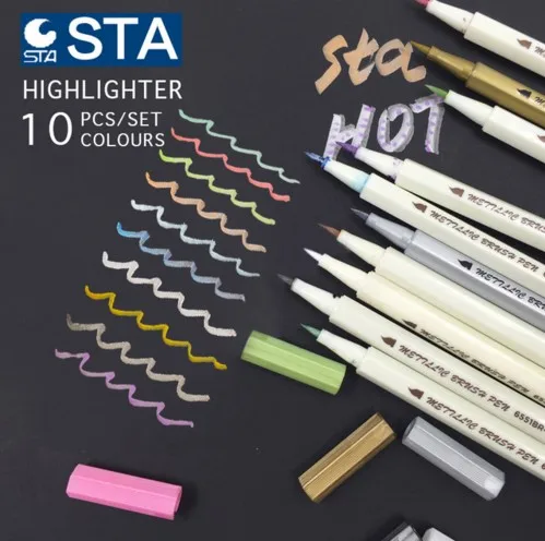 

10 pcs/lot STA Metallic Colored Ink Water Chalk Pen for Scrapbook Photo Album Drawing Watercolor Art Marker Gel Pens Stationery