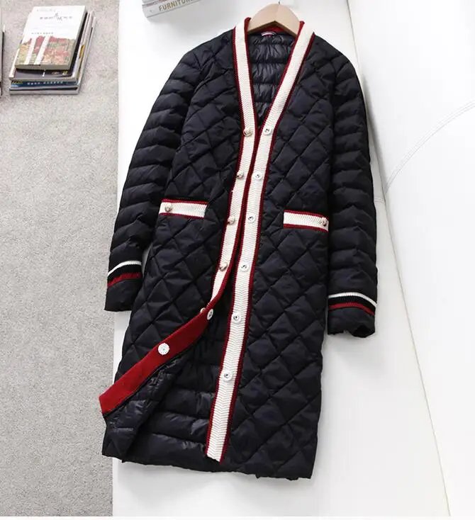 Bagomoto, Женская Длинная зимняя куртка с v-образным вырезом,, тонкая хлопковая стеганая парка в полоску, пальто, теплая куртка, осенняя верхняя одежда - Цвет: Черный