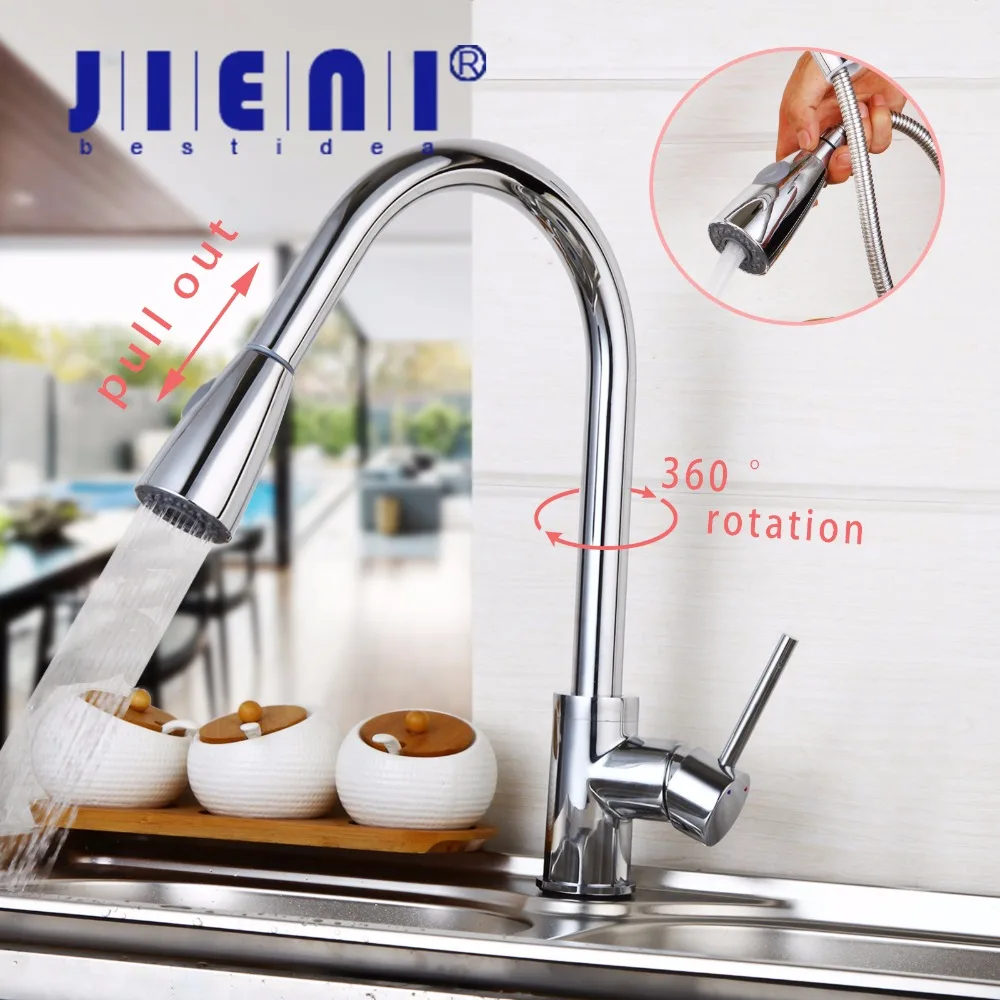 

JIENI DE 360 Swivel Kitchen Faucet Pull Out Chrome Polished Basin Faucet Hot and Cold Water Rotated Mixer Tap