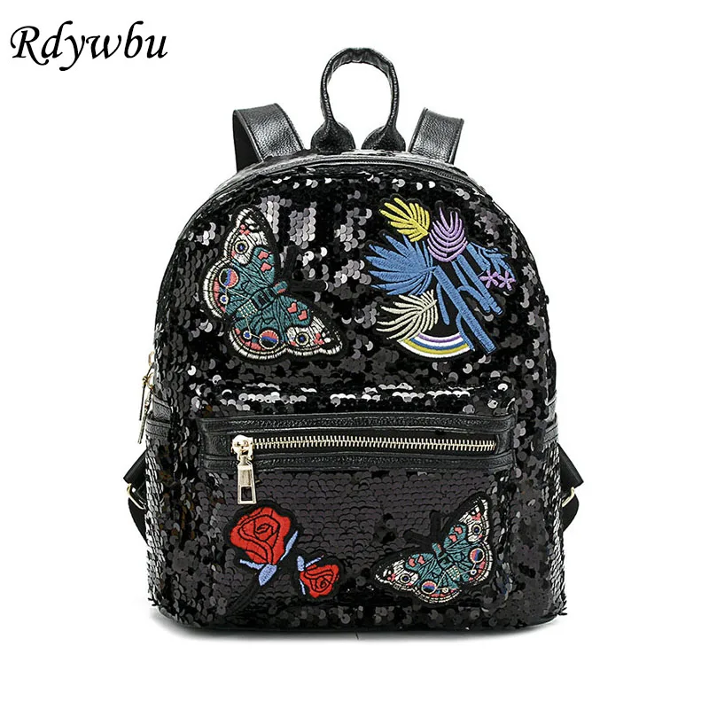 

Rdywbu Glitter Sequins Embroidery Backpack Women Fashion Travel Rucksack New Rose Butterfly Patched School Bag Mochilas B485