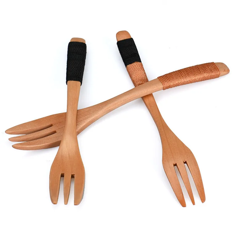 

1PC Wood Dessert Fruit Serving Wooden Flatware Cutlery Catering Fork retro vintage rope design dinnerfork drop shipping sale