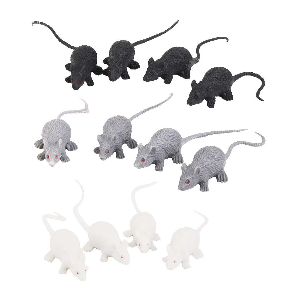 12 Pieces Plastic Vivid Rats Halloween Rodents Animals Model Party Jokes Black Grey White Mouse Prop