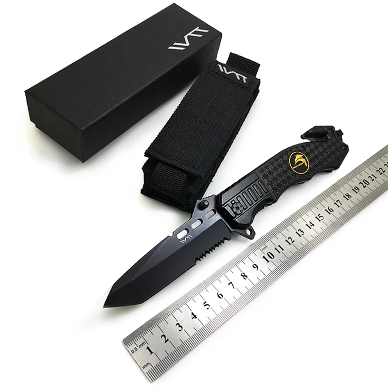 WTT 229 Black Folding Knife 7CR17Mov Half Serrated Blade Tactical Camping Survival Combat Pocket