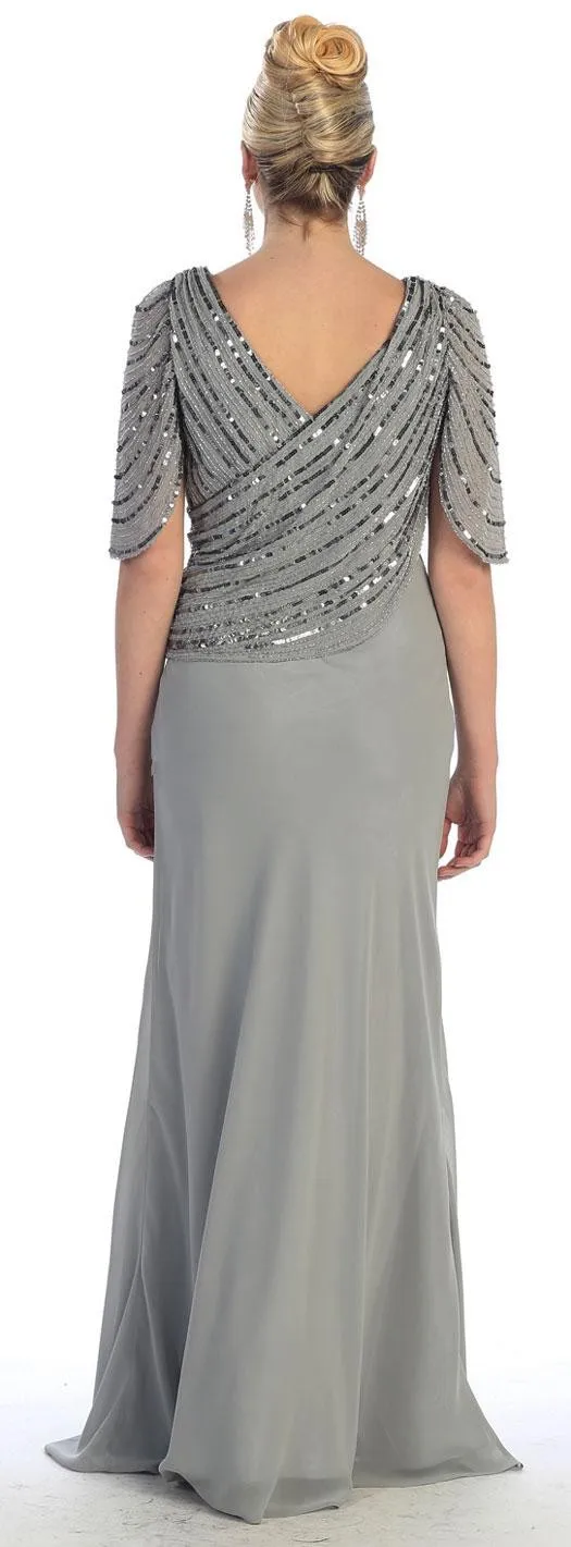 Новинка года. Элегантное серое шифоновое платье с v-образным вырезом и коротким рукавом, украшенное бисером, с широкой талией. Большие размеры