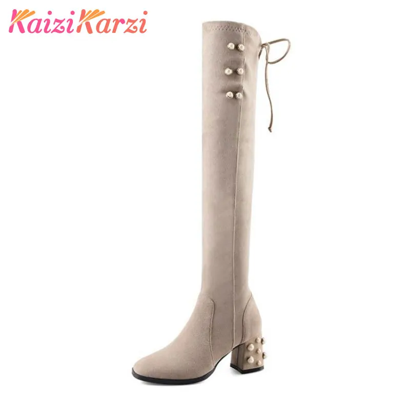 

KaiziKarzi Size 34-43 Women Real Leather Over Knee Boots Beading Cross Strap High Heel Boots Warm In Winter Shoes Women Footwear