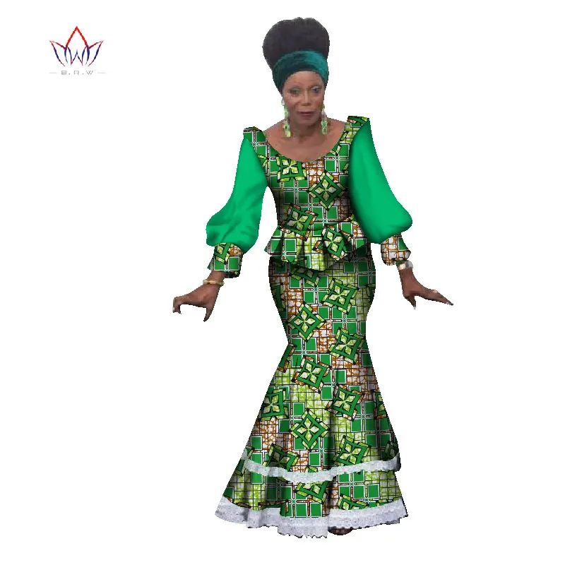 Летний Африканский Дашики для женщин топ и юбка набор o-образным вырезом Базен Riche полный рукав размера плюс вечернее платье naturl WY1153